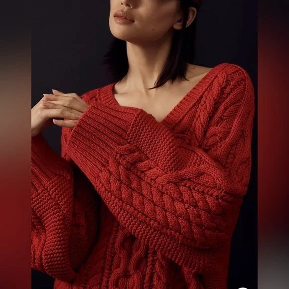 Anthropologie Maeve Red Cable Knit Wide Sleeve Sweater M - Picture 3 of 4